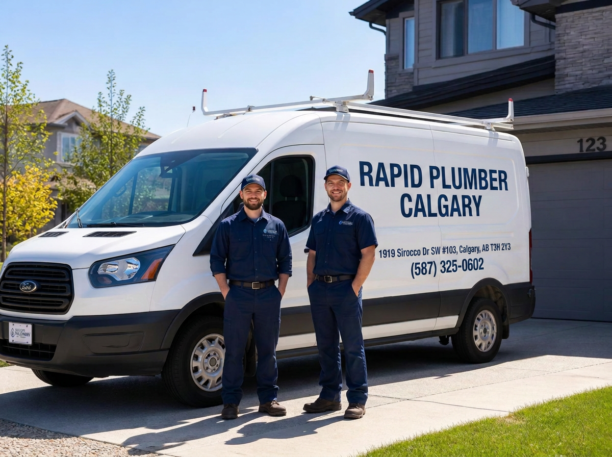 Rapid Plumber Calgary service van and technicians at a Calgary home